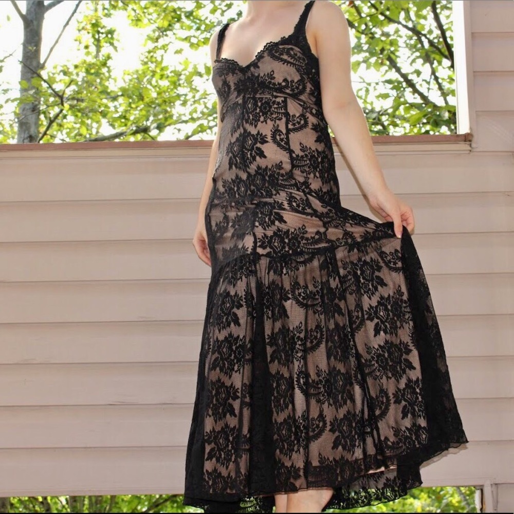 90s Nude & Black Lace Dress
